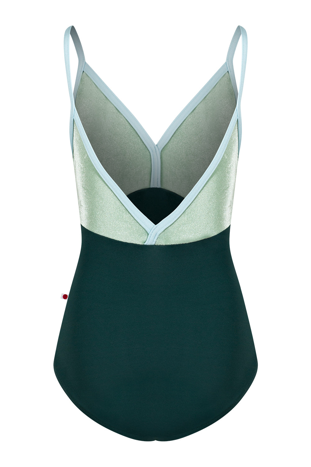 Kids Daria leotard in T-Kale body color with V-Meadow top color and N-Mirror trim color
