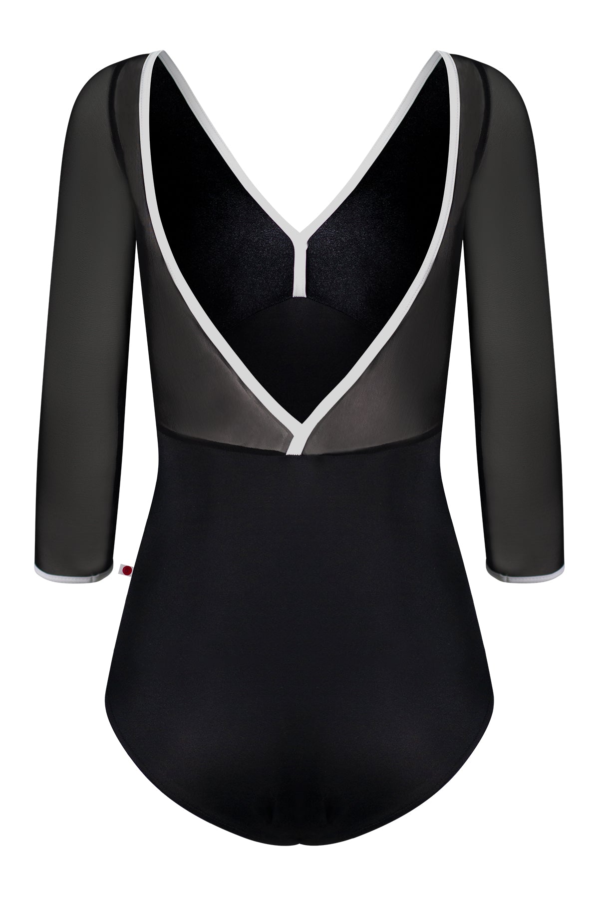 Alicia leotard, black with a black velvet V-neck bodice, white trim and sheer black mesh three-quarter sleeves.