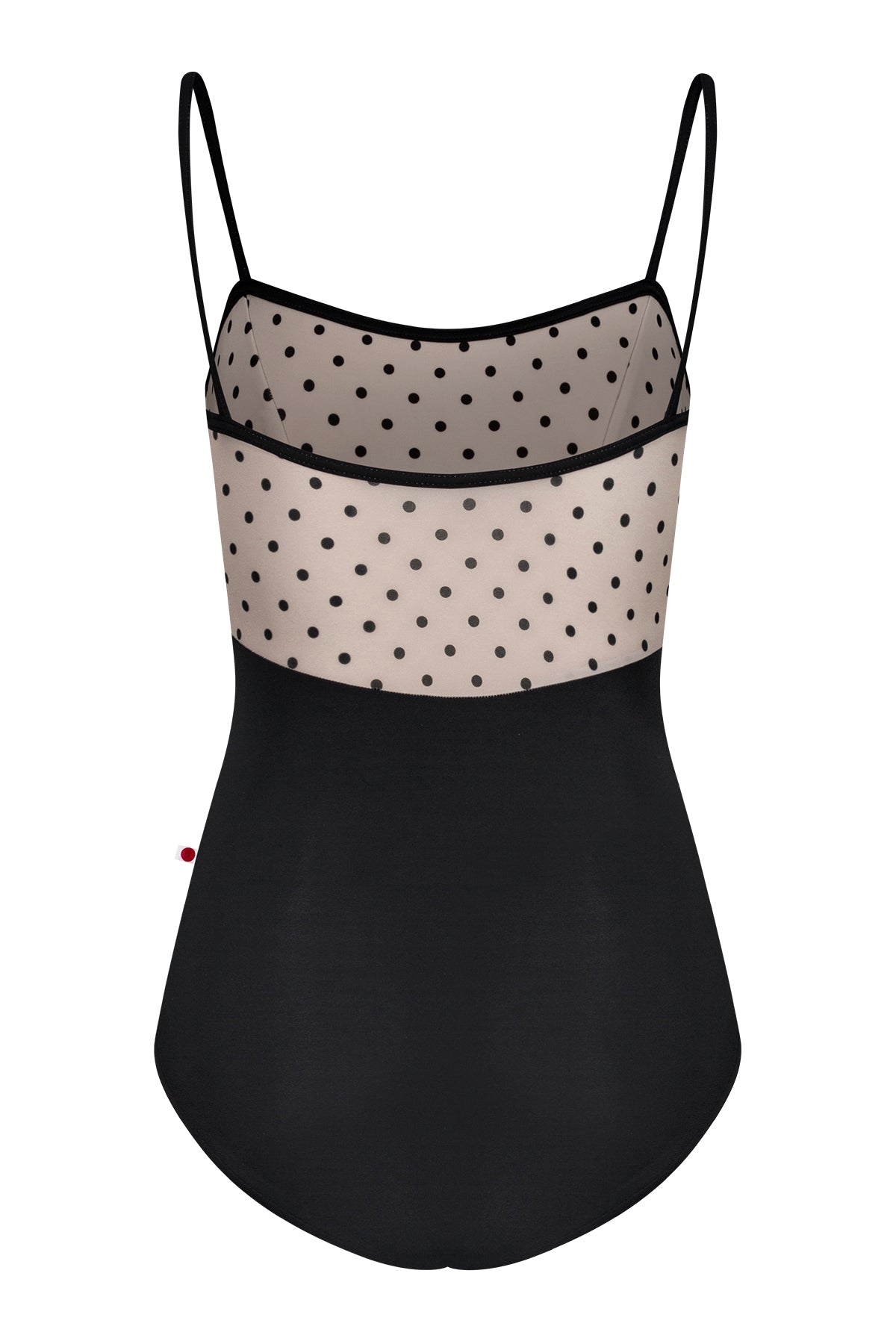 Denise leotard, cream polka-dot bust panel and black body, straight neckline with thin black straps.