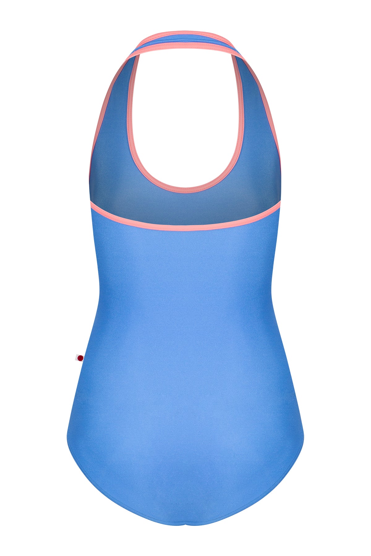 Jaione leotard, periwinkle-blue with a coral-pink halter neckline and open sides.