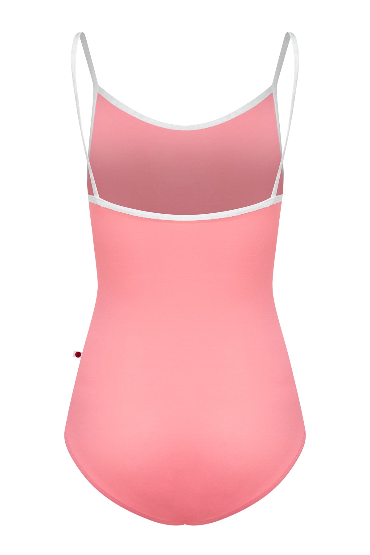 Kathy leotard, coral-pink with a gathered white mesh bust panel and white trim.