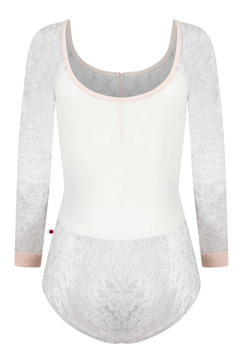 Chloe leotard in CV-Silver body color with Mesh White top color, CV-Silver sleeves and T-Misty Rose zipper & trim color
