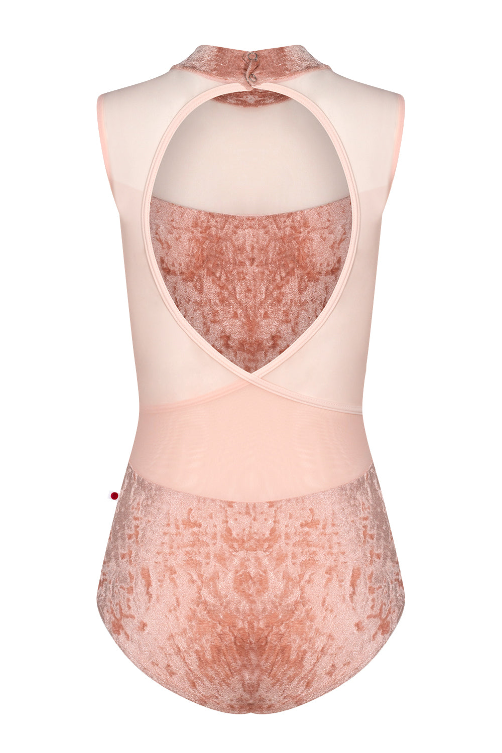 Camila leotard in CV-Pecan body color with Mesh Blush top color and T-Misty Rose trim and straps color