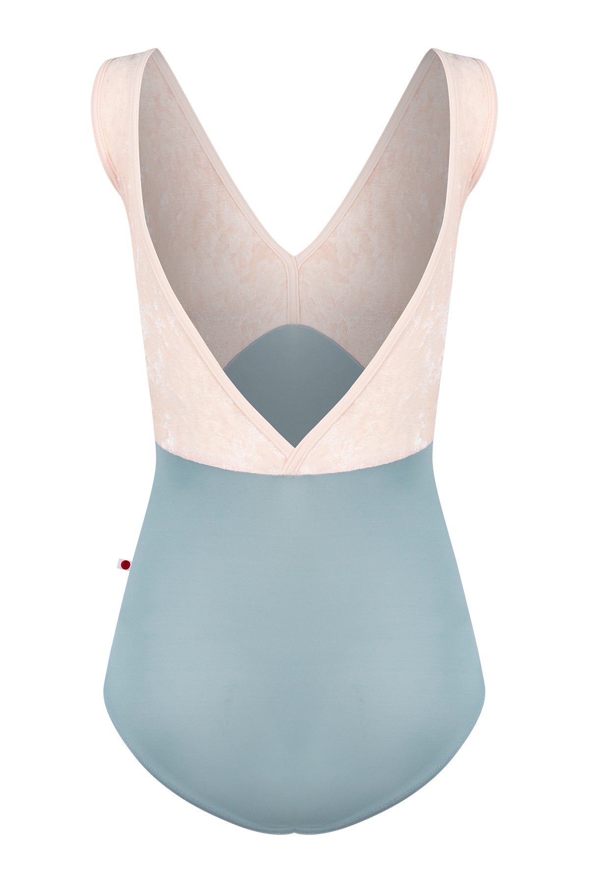 Alicia leotard, blush crushed-velvet V-neck bodice and a dusty-blue body, wide straps.