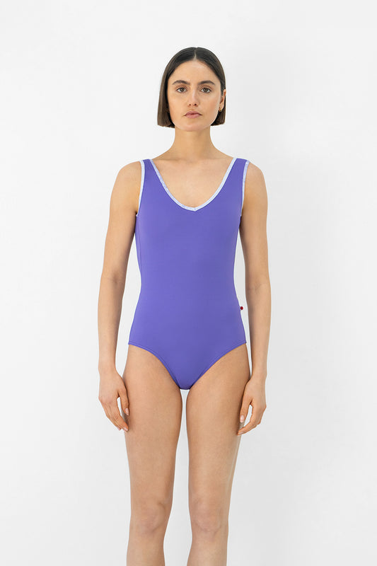 Gina leotard in T-Wisteria body color with T-Wisteria top color and CV-Angelic trim color