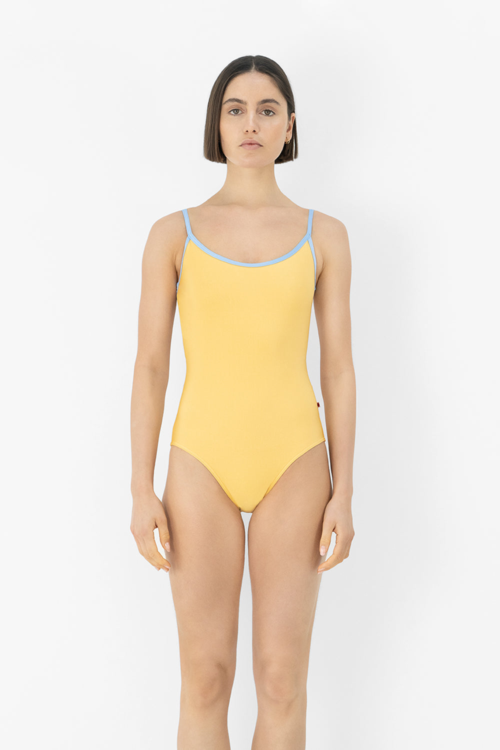 Fiona leotard in N-Daffodil body color with Mesh White top color and N-Moontide trim color