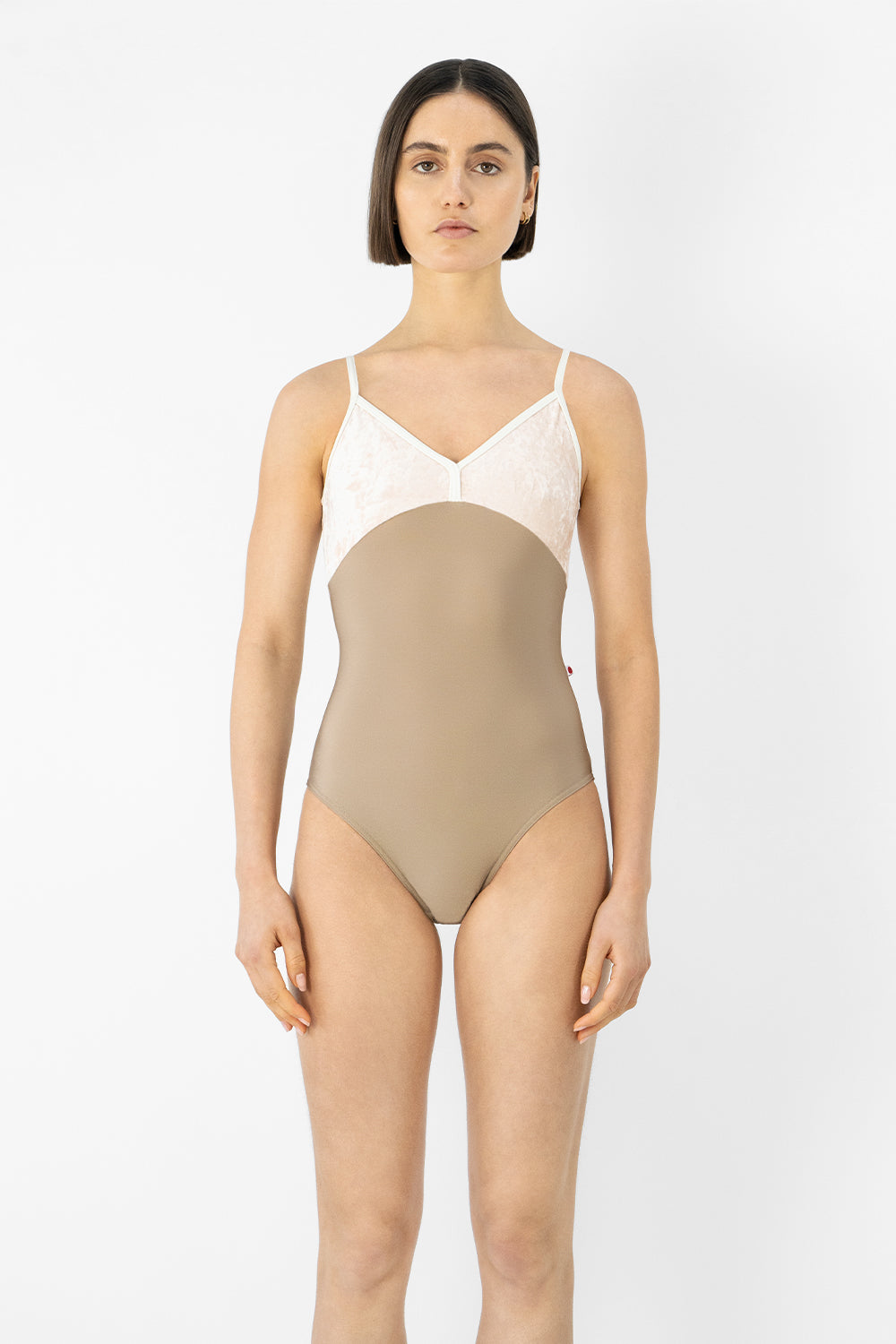 Daria leotard in N-Toffe body color with CV-Misty Rose top color and N-Antique trim color