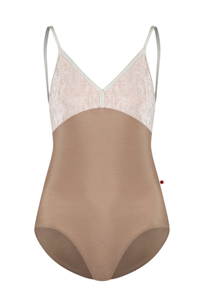 Daria leotard in N-Toffe body color with CV-Misty Rose top color and N-Antique trim color