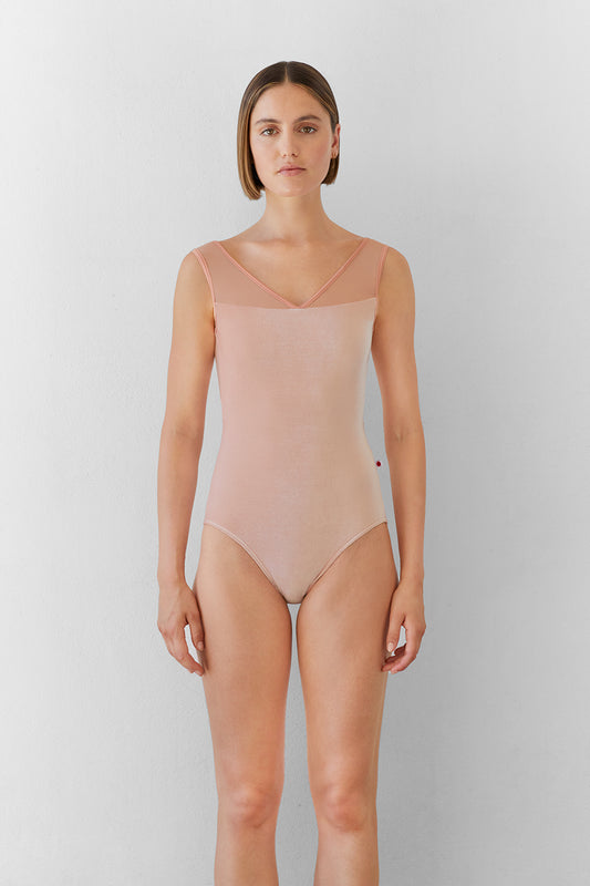 Masha leotard in V-Blush body color with Mesh Blush top color and T-Angora trim color