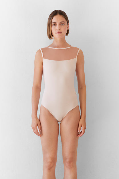 Olivia leotard in T-Misty Rose body color with Mesh Blush top color and CV-Misty Rose trim color