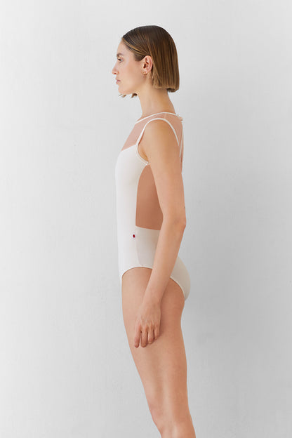 Olivia leotard in T-Misty Rose body color with Mesh Blush top color and CV-Misty Rose trim color