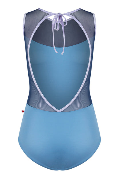 Olivia leotard in T-Bluebell body color with Mesh Dark Blue top color and V-Angelic trim color