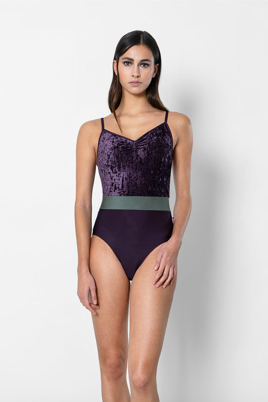 Micah leotard in N-Eggplant body color with V-Eggplant top color, N-Sage middle band color and N-Eggplant trim color