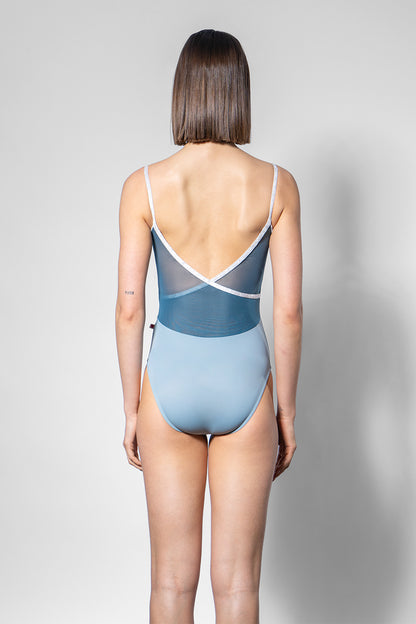Fiona leotard in T-Fog body color with Mesh Lagoon top color and CV-Silver trim color