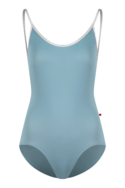 Fiona leotard in T-Fog body color with Mesh Lagoon top color and CV-Silver trim color