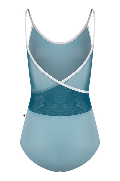 Fiona leotard in T-Fog body color with Mesh Lagoon top color and CV-Silver trim color