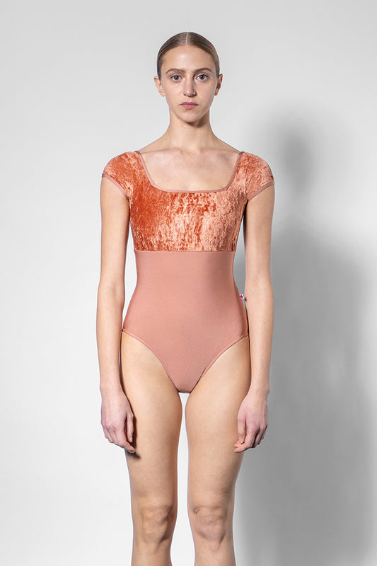 Marieke Duo leotard in N-Rosewood body color with CV-Amaretto top color & Cap sleeves and N-Rosewood trim color