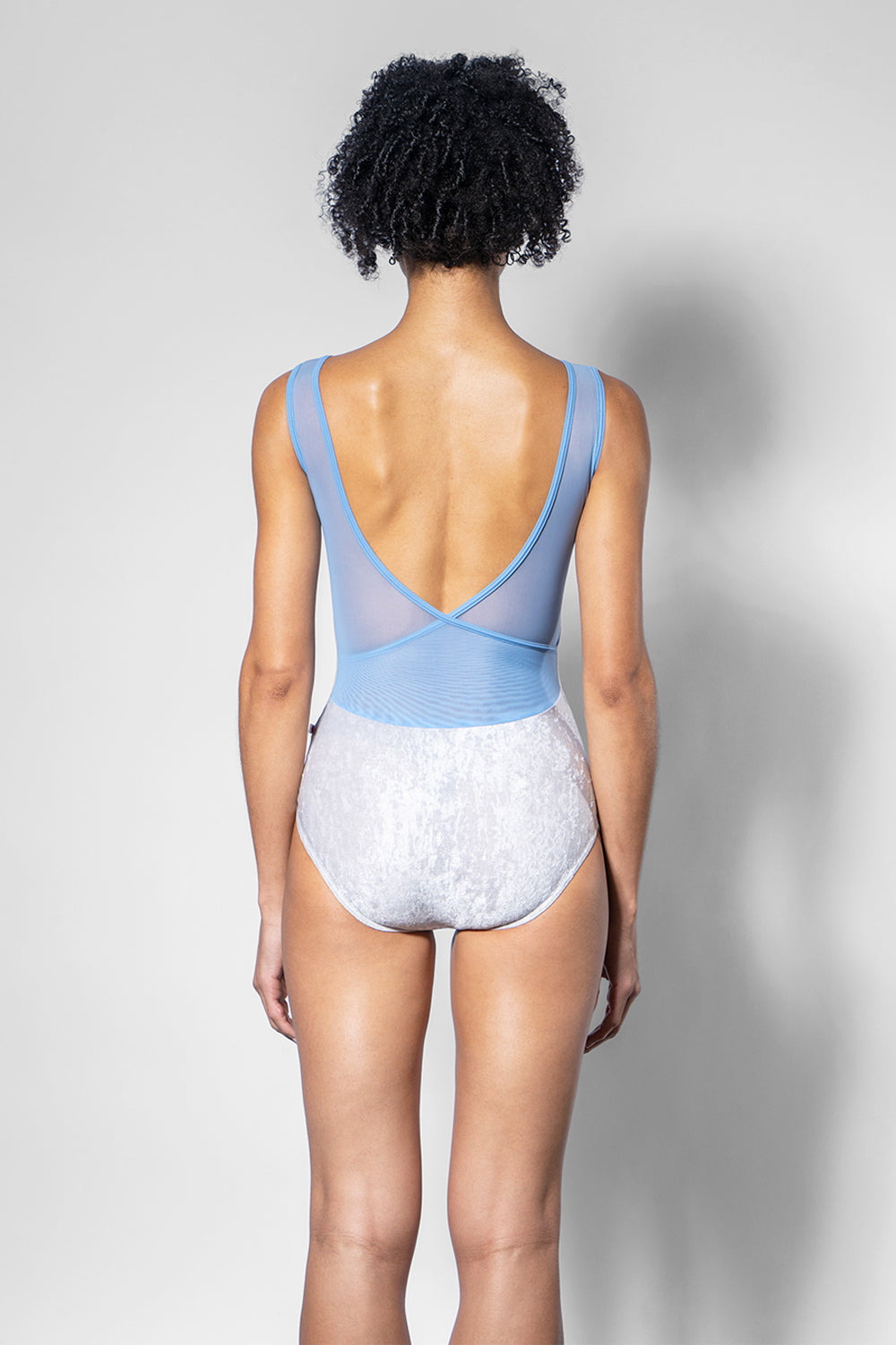 Masha leotard in CV-Silver body color with Mesh Glacier top color and T-Bluebell trim color