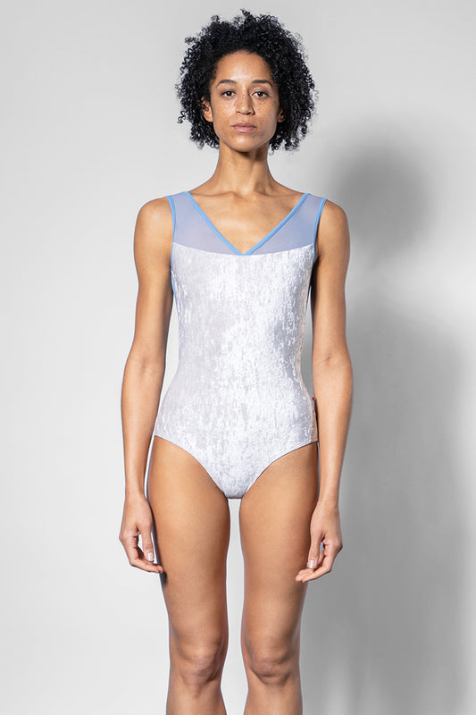 Masha leotard in CV-Silver body color with Mesh Glacier top color and T-Bluebell trim color