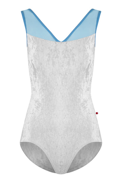Masha leotard in CV-Silver body color with Mesh Glacier top color and T-Bluebell trim color