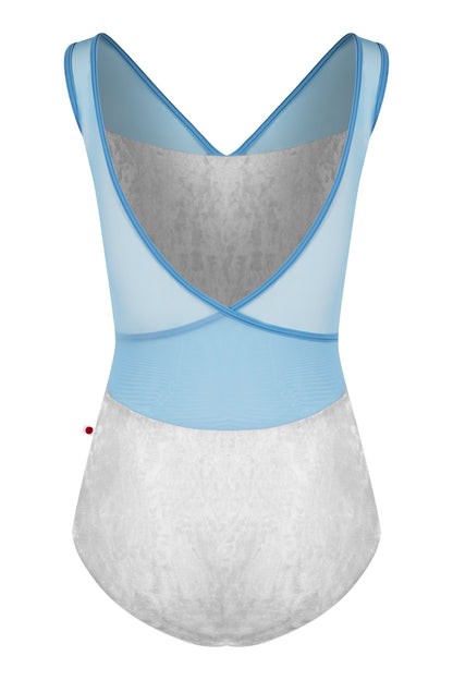 Masha leotard in CV-Silver body color with Mesh Glacier top color and T-Bluebell trim color
