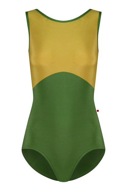 Sofiane Duo leotard in N-Lucky body color with N-Cricket top color and N-Lucky trim color