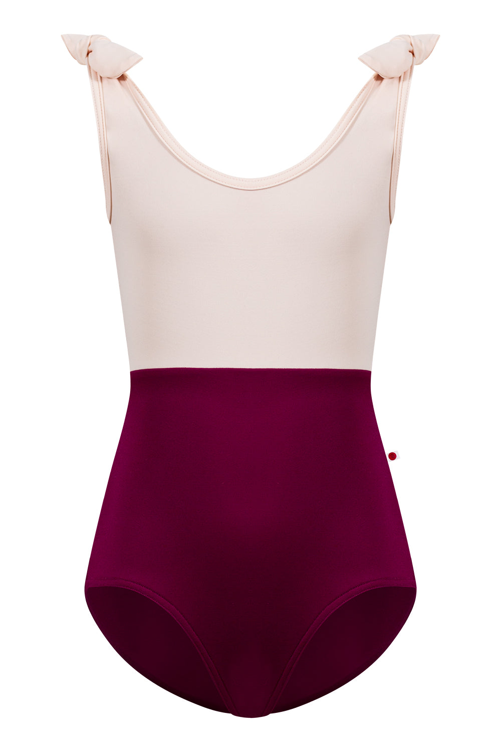 Kids Anna Duo leotard in T-Maroon body color with T-Misty Rose top & trim color and matching shoulder bows