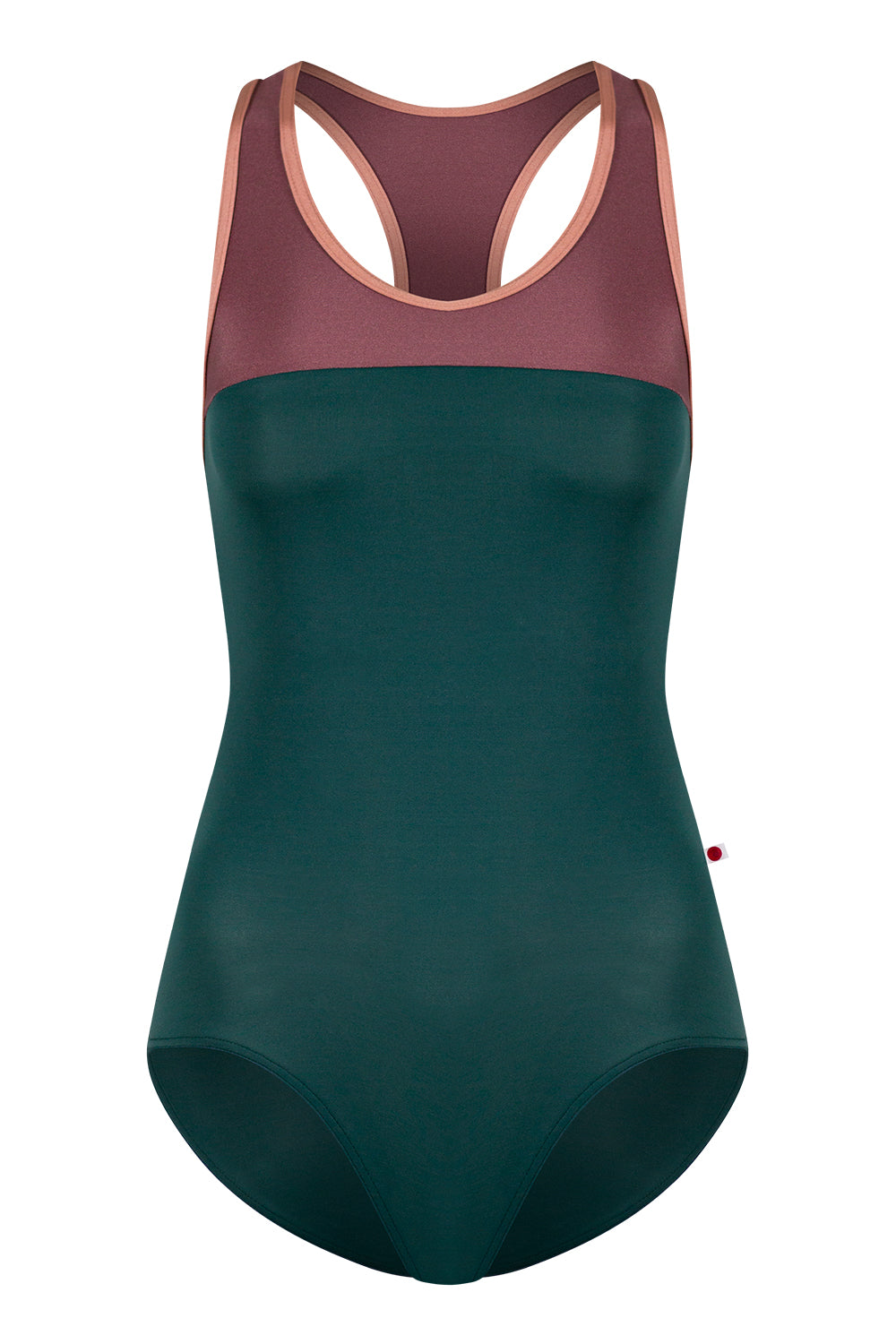 Erica leotard in T-Kale body color with N-Phoenix top color and N-Rosewood trim color