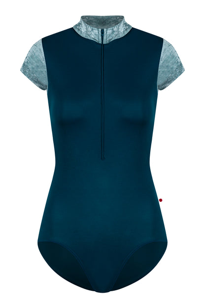 Charlotte leotard in T-Zenith body color with Mesh Lagoon top color, CV-Ice short sleeves & collar color and T-Zenith trim color