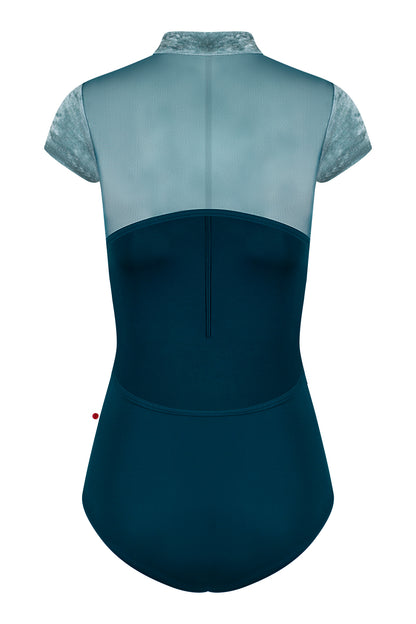 Charlotte leotard in T-Zenith body color with Mesh Lagoon top color, CV-Ice short sleeves & collar color and T-Zenith trim color