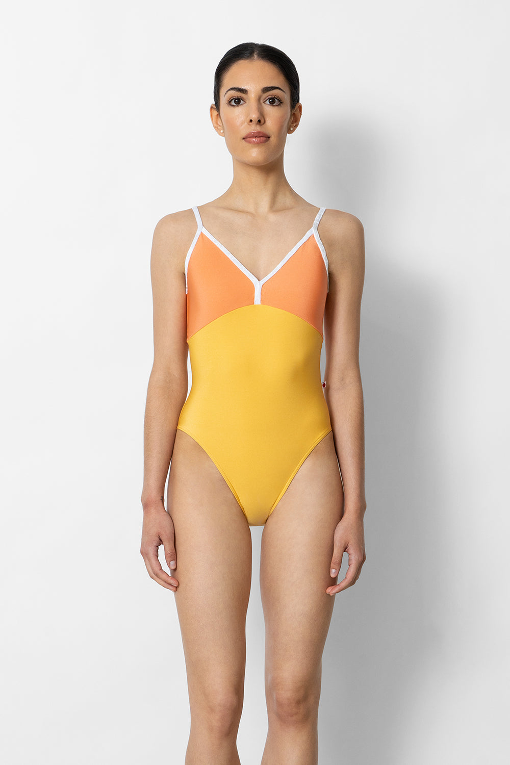 Daria leotard in N-Daffodil body color with N-Sorbet top color, CV-White trim color and EXTRA-HC variation