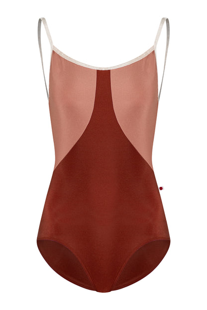 Amanda leotard in N-Bronze body color with N-Rosewood top color and CV-Misty Rose trim color