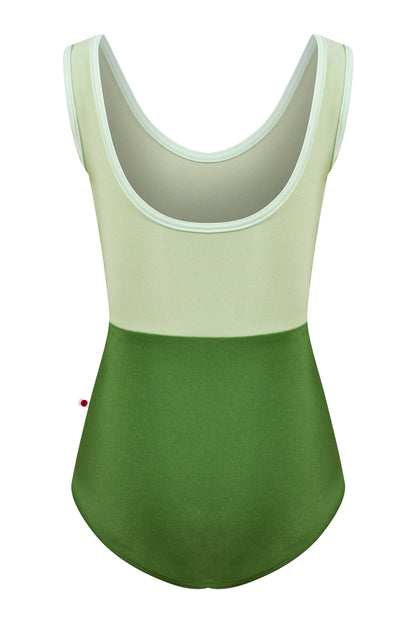 Kids Anna Duo leotard in N-Lucky body color with N-Ginko top color and T-Pistachio trim color
