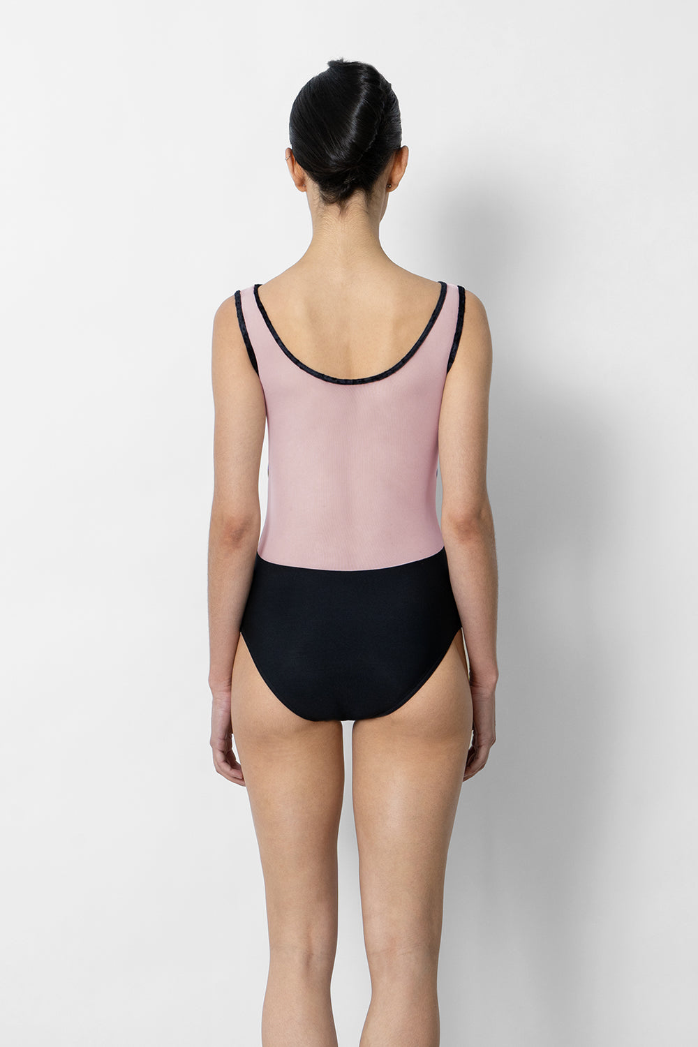 Meagan leotard in N-Black body color with Mesh Rose top color and CV-Black trim color