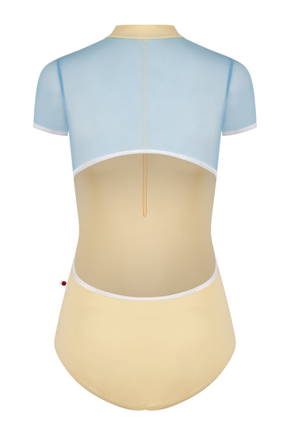 Charlotte leotard in T-Vanilla body color with Mesh Glacier top & short sleeves color and V-White trim color