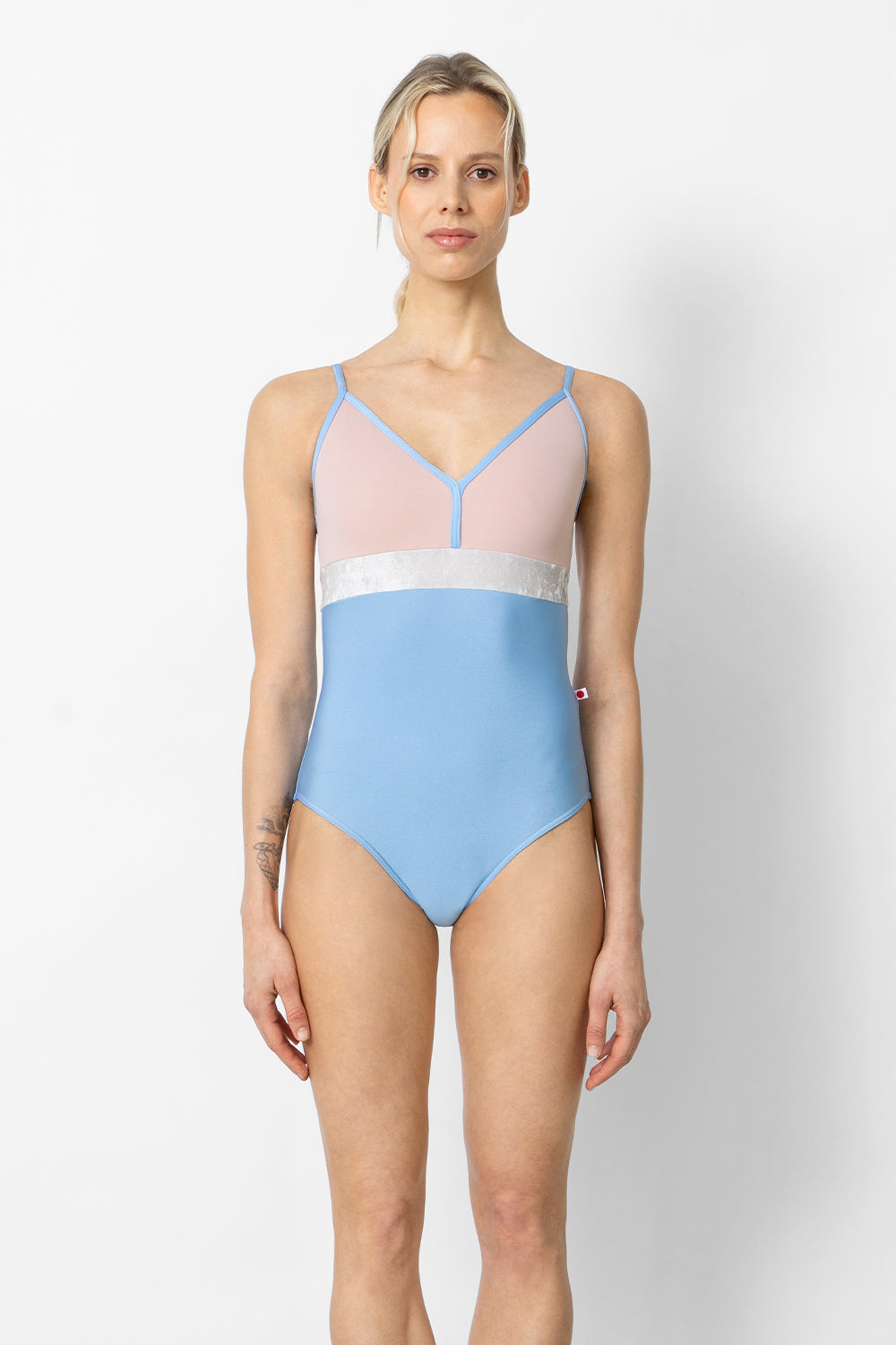 Zoe leotard in N-Moontide body & trim color with T-Petal top color and CV-Silver middle band color