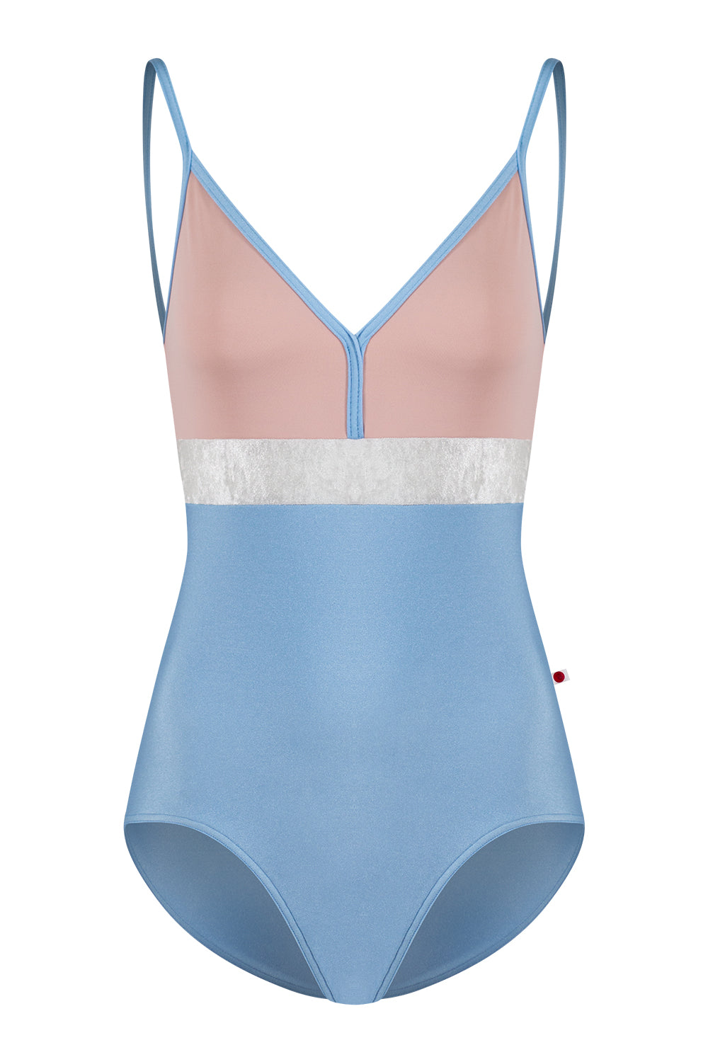 Zoe leotard in N-Moontide body & trim color with T-Petal top color and CV-Silver middle band color