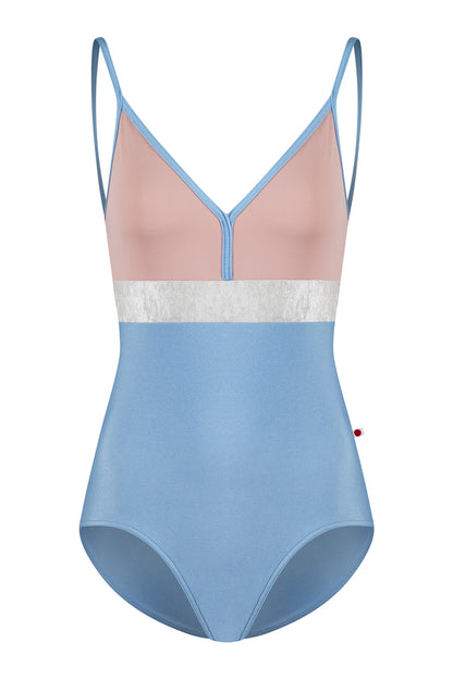 Zoe leotard in N-Moontide body & trim color with T-Petal top color and CV-Silver middle band color