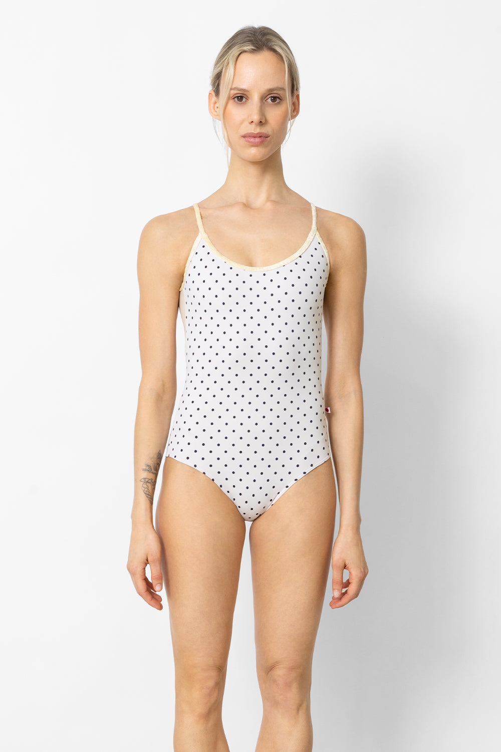 Fiona leotard in T-Polka Dot body color with Mesh Vanilla top color and CV-Vanilla trim color