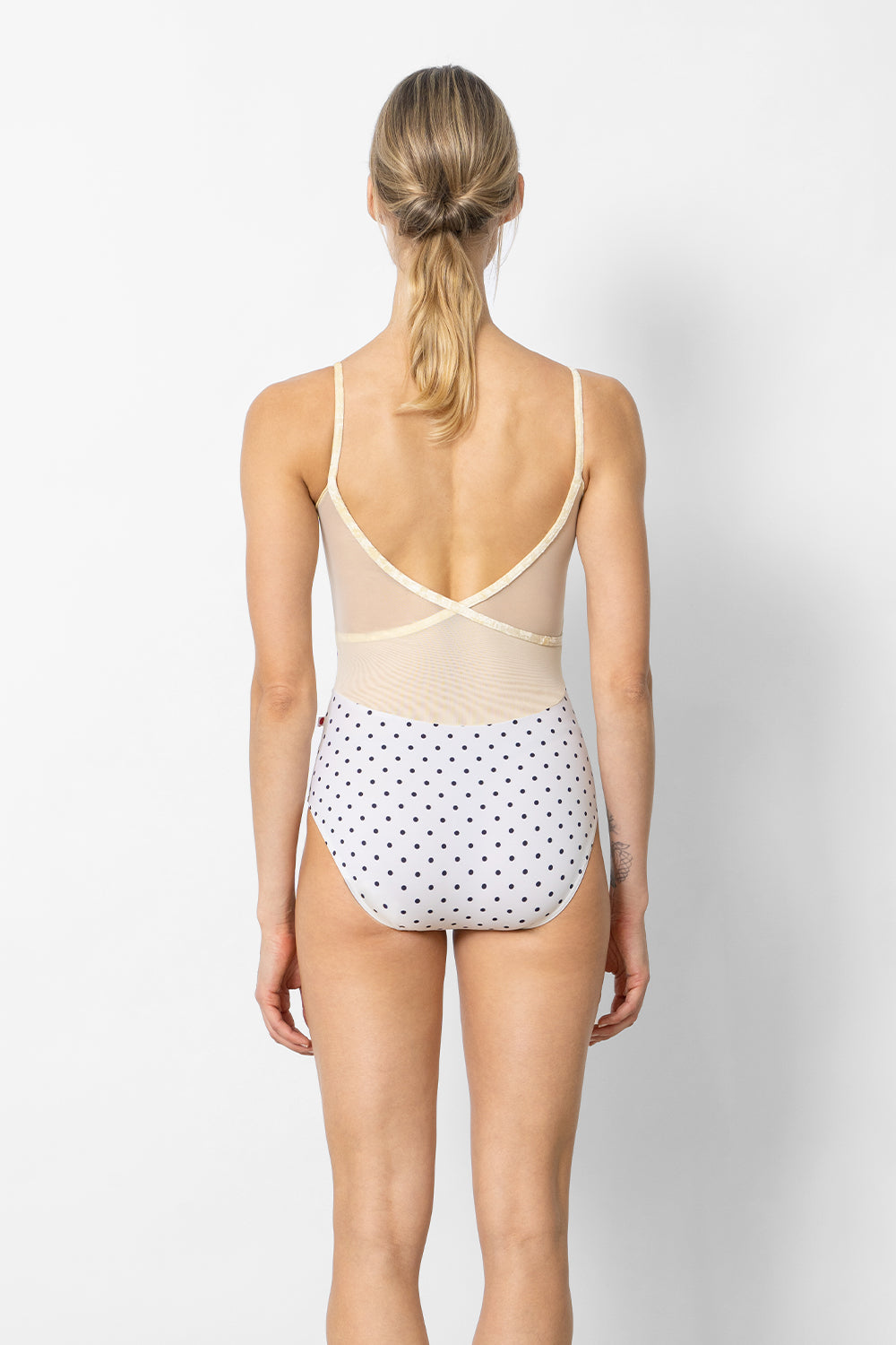 Fiona leotard in T-Polka Dot body color with Mesh Vanilla top color and CV-Vanilla trim color