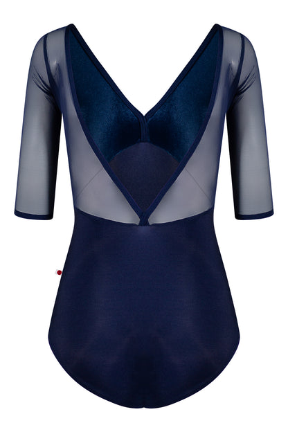 Alicia leotard in N-Dark Blue body color with V-Dark Blue & Mesh Dark Blue top color, N-Dark Blue trim color and half sleeves