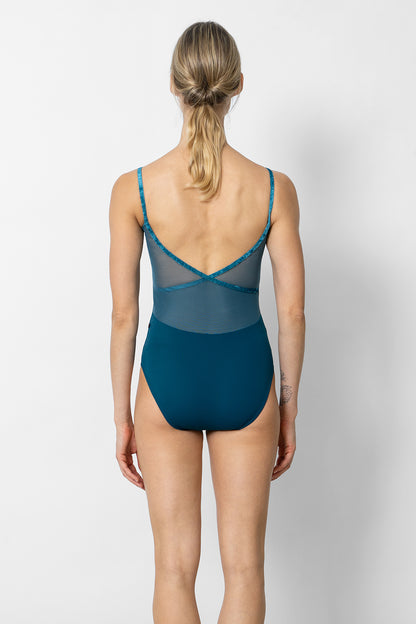 Fiona leotard in T-Zenith body color with Mesh Lagoon top color and CV-Juniper trim color