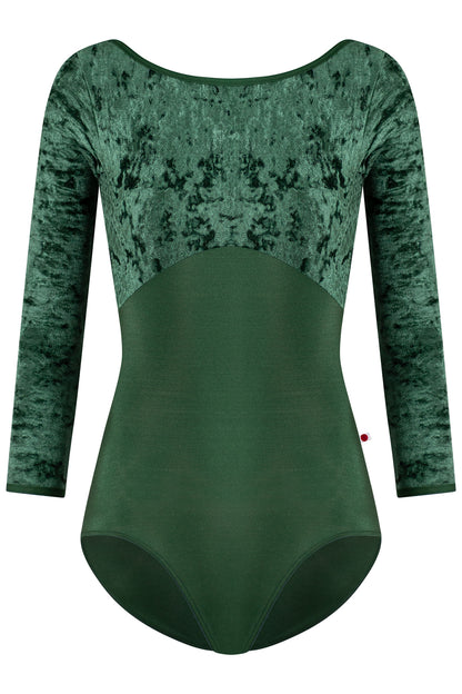 Sofiane Duo leotard in N-Huntress body color with CV-Pine top color & 3Q sleeves and N-Huntress trim color