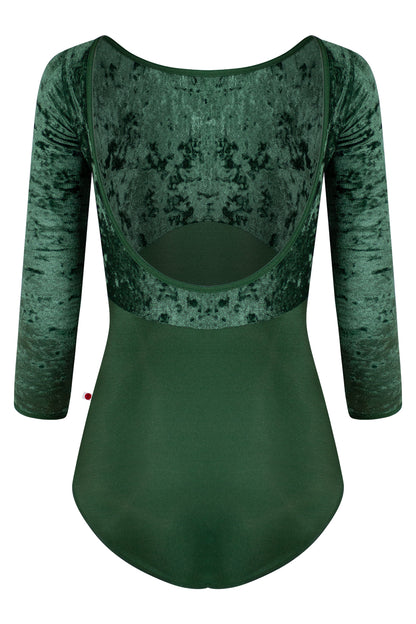 Sofiane Duo leotard in N-Huntress body color with CV-Pine top color & 3Q sleeves and N-Huntress trim color