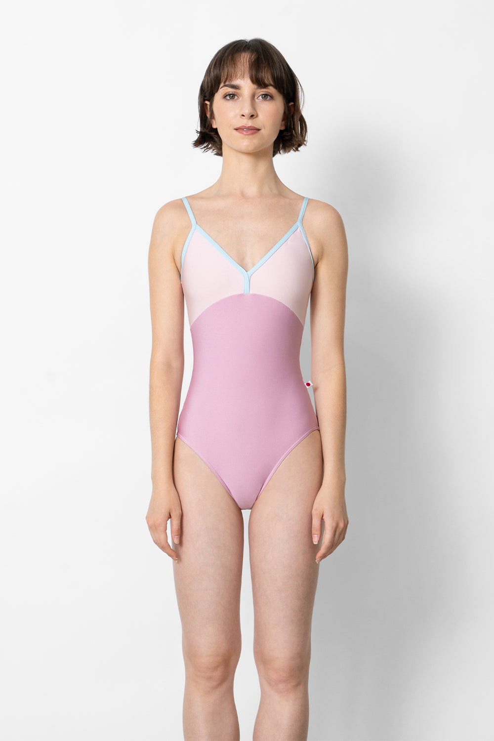 Daria leotard in N-Confetti body color with N-Rose too color and N-Mirror trim color