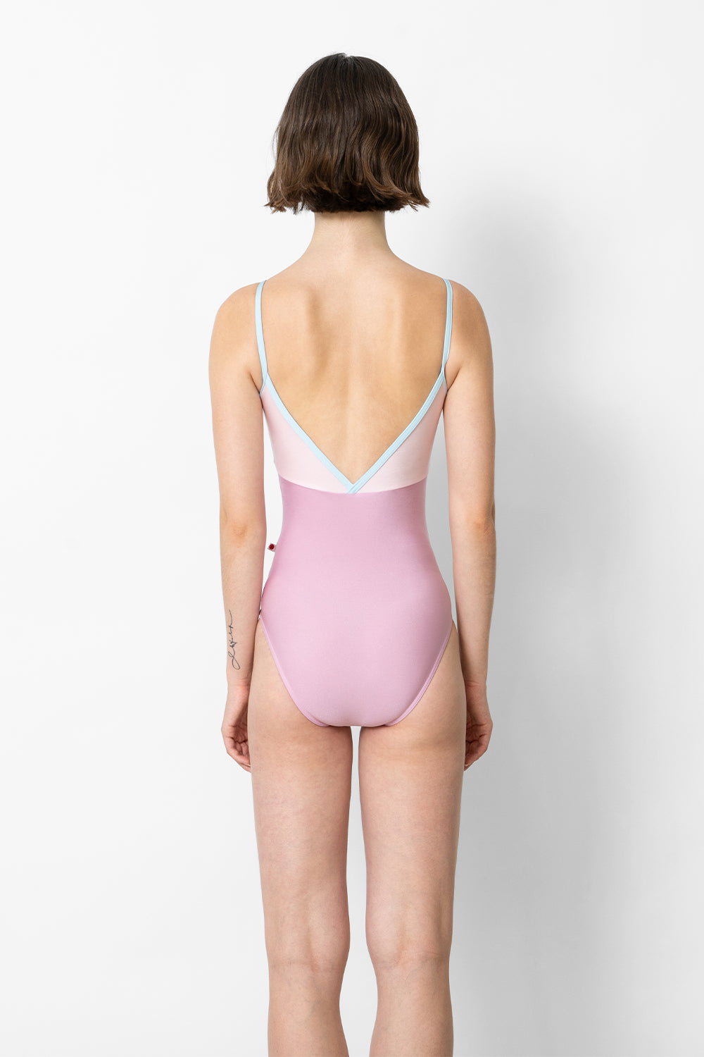 Daria leotard in N-Confetti body color with N-Rose too color and N-Mirror trim color