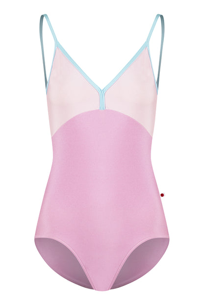 Daria leotard in N-Confetti body color with N-Rose too color and N-Mirror trim color