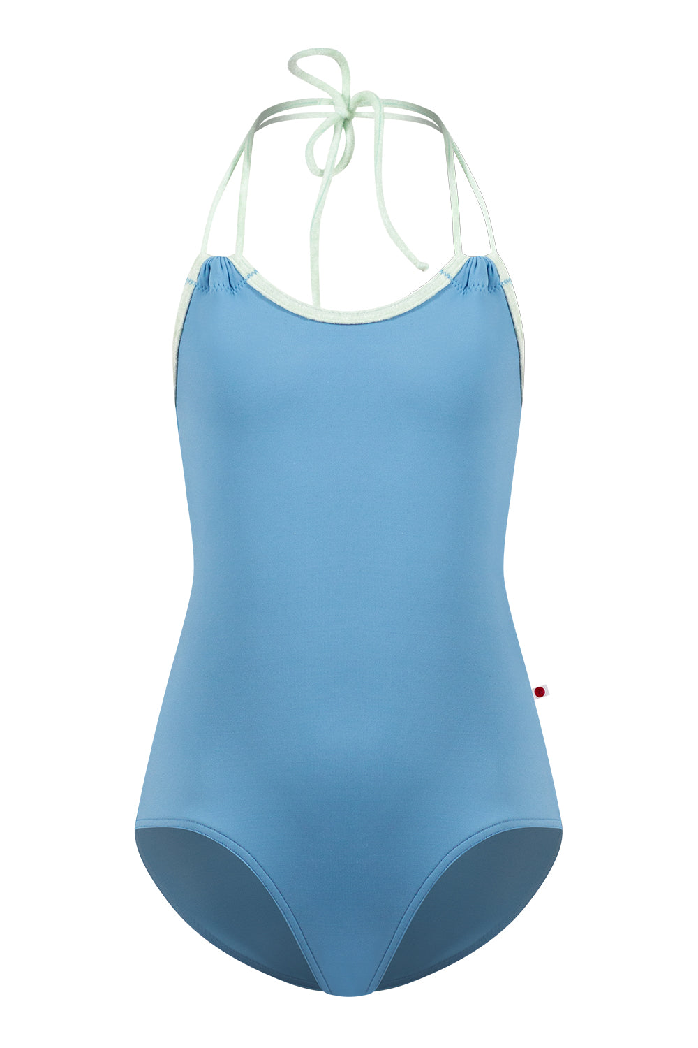 Kids Julia leotard in T-Bluebell body color with CV-Pistachio trim color