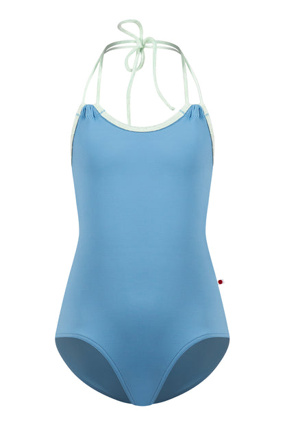 Kids Julia leotard in T-Bluebell body color with CV-Pistachio trim color
