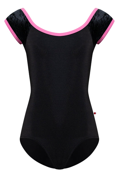 Kids Wendy leotard in N-Black body color with CV-Black sleeve color and T-Aurora trim color